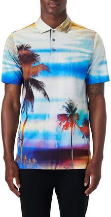 Bugatchi Hendrix Digital Palm Tree Print Cotton Polo in Sunset at Nordstrom, Size Medium