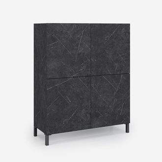 Aqa Credenza Alta Moderna Antigraffio Con 4 Ante Cucina Soggiorno Alvea - Effetto Marmo Nero