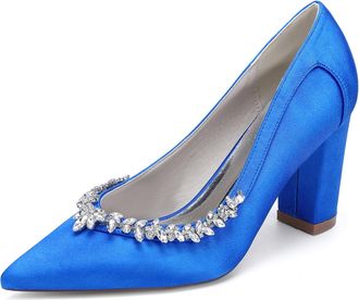 Generic Womens Chunky Heels Pumps Bridal Rhinestones Pointed Toe High Heels Wedding Party Dress Slip on Pumps Shoes 8.5Cm,Royal Blue,10 UK