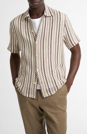 Vince Beach Stripe Short Sleeve Button-Up Shirt in Wilderness Combo at Nordstrom, Size X-Large