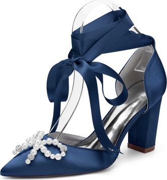 Generic Bridal Wedding Shoes Womens Chunky Heels Closed Toe Pointed Toe Heels with Bow and Crystal Pearl 8.5Cm,Dark Blue,10 UK