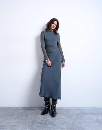 Topshop Vestito lungo in chiffon color petrolio con scollo a barchetta-Blu