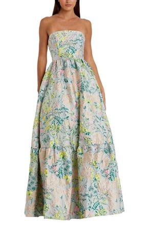 Mac Duggal Petite Floral Brocade Strapless A Line Gown in Pastel Multi at Nordstrom, Size 12P