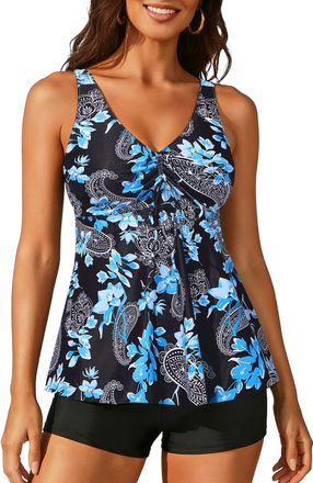 Holipick Two Piece Tankini Swimsuits for Women Tummy Control Bathing Suits Flowy Tankini Top with Boy Shorts, Blue Paisley, Medium