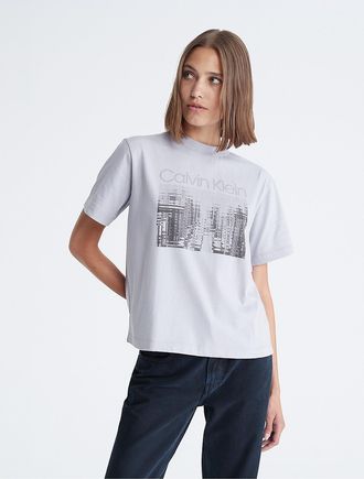 Calvin Klein Womens Monogram Logo Block Crewneck T-Shirt - Grey - XS