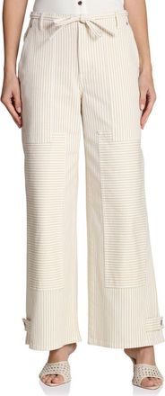 Avec Les Filles Tie Waist Patchwork Wide Leg Pants in Beige - White Stripe at Nordstrom, Size X-Small