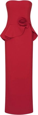 Rotate Lange Jurk met Bloemenprint en Strapless Halslijn - Dames - Feestkleedjes - Rood - XS - Polyester - Kleedjes
