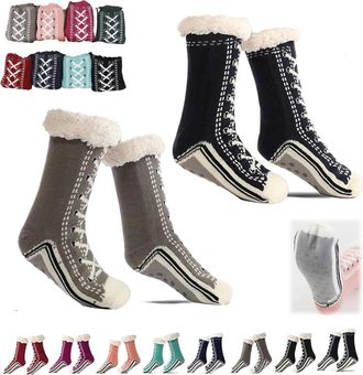 Generic Ultra-Thick Warm Cashmere Slipper Socks for Women,Super Soft Cozy Fuzzy Home Socks,Non Slip Christmas Sock (Black+Gray, One Size, Adult, Women, One Si