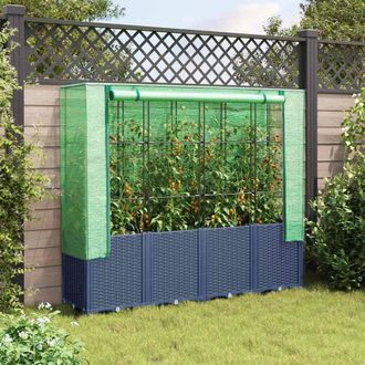 Berkfield Home Raised Bed with Greenhouse Cover Rattan Look 160x40x153 cm in Blue | Size: 160 x 40 x 153 cm