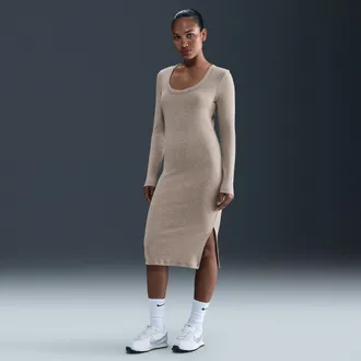 Nike Womens Nike Sportswear Chill Knit Tight Long-Sleeve Midi Mini-Rib Dress in Brown | HV2799-271