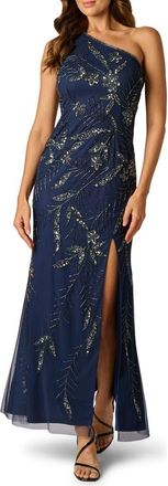 Adrianna Papell 3D Beaded & Sequin One-Shoulder Gown in Light Navy at Nordstrom, Size 8