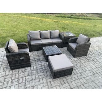 Fimous Garden Furniture Sets 6 Seater Wicker Rattan Furniture Patio Sofa Sets with Reclining Chair 3 Seater Sofa Big Footstool Side Table Dark Grey Mixed