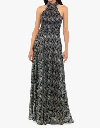 Betsy & Adam Vilma Halter Neck Foil Print Maxi Dress In Navy Blue With Gold