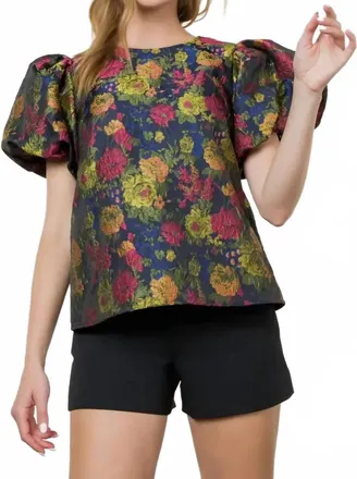 THML Clothing Puff Sleeve Textured Detail Top In Blue