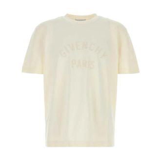 Givenchy Tops, Heren, Beige, M, Katoen, Paris Geborduurd T-shirt met korte mouwen van gebreide stof