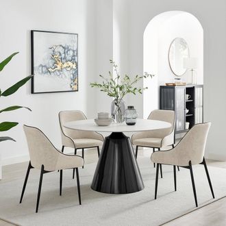 Furniturebox Nina Marble-Effect Dining Set with Cream Fabric Chairs | Size: 4 Person