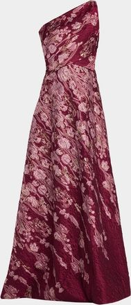 Rene Ruiz One-Shoulder Metallic Brocade Gown
