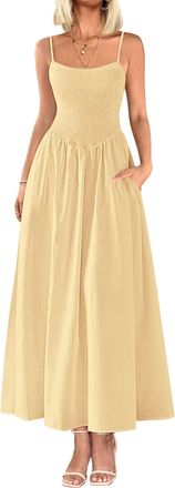 Generic Womens 2025 Summer Maxi Dresses Beach Sundress Spaghetti Strap Smocked Swing A Line Casual Long Flowy Dress Apricot