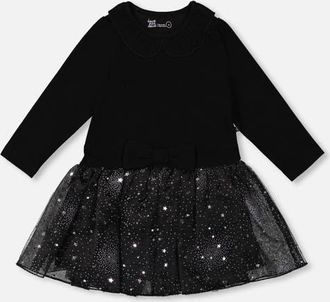 Deux par Deux Bi-Material Dress with Glittering Skirt in Black at Nordstrom, Size 18M