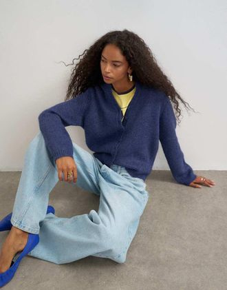 Topshop cardigan lavorato a maglia effetto peloso blu navy
