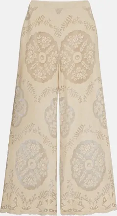 Valentino Embroidered cotton-blend wide-leg pants