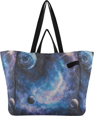 Generic Galaxy Planet Blue print Reusable Canvas Tote Bag, Heavy Duty Grocery Shopping Bag with Double Handles Hard Bottom Large Capacity Work Groceries Trave