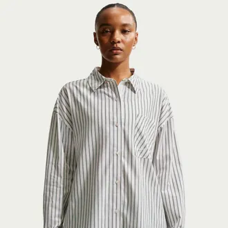 Nike Womens Nike Sportswear Chill Poplin Oversized Woven Long-Sleeve Striped Top in Green | II4221-323