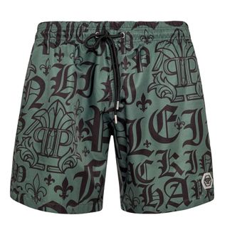 Philipp Plein Badmode, Heren, Groen, L, Leer, Swim Trunks Gothic Plein