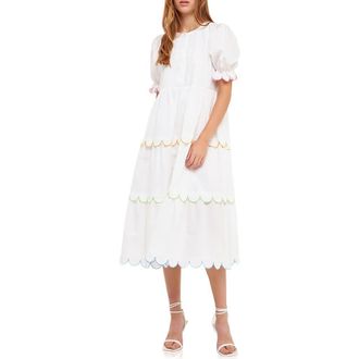 English Factory Contrast Scalloped Trim Cotton Midi Dress in White Multi at Nordstrom, Size X-Small