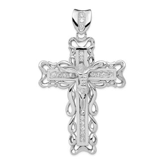 Diamond2Deal Sterling Silver Rhodium-plated Cubic Zirconia Crucifix Pendant