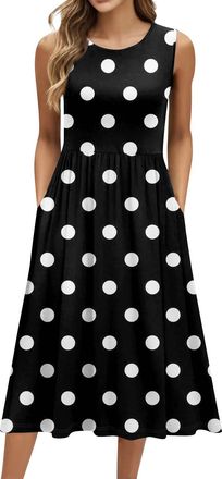 Generic Summer Dresses for Women UK 2025 Fashionable Polka Dot Print Tank Midi Dresses Casual Plus Size Sleeveless Crewneck Sundress,Short Wedding Guest Dress