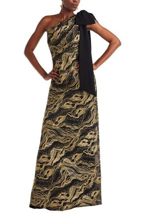 Tadashi Shoji Metallic Jacquard One-Shoulder Gown in Gold/black at Nordstrom, Size 12