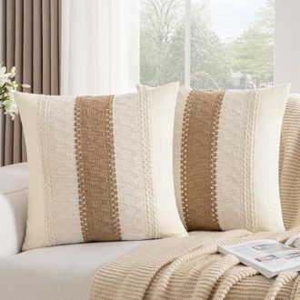 OEM Funda De Almohada Decorativa Tejida A Rayas Texturizadas Color Marr&oacute;n Bohemio De 45x45 Cm, Funda De Coj&iacute;n De Sof&aacute; De Estilo R&uacute;stico Moderno Para Decor