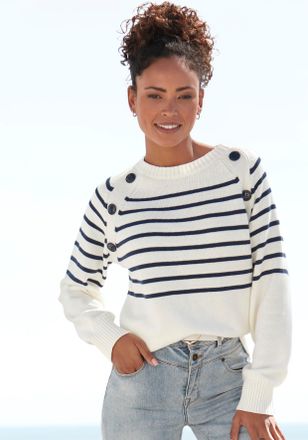 Vivance Streifenpullover VIVANCE, Damen, Gr. 32/34, blau (wei&szlig;, marine), Strick, Obermaterial: 100% Baumwolle, gestreift, figurumspielend h&uuml;ftlang, Rundhals, 