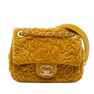 Chanel Mustard Mini Square Velvet Camellia Embossed Flap