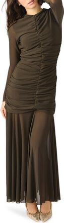 Steve Madden Kiara Ruched Long Sleeve Maxi Dress in Dark Espresso at Nordstrom, Size Large