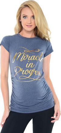 Purpless Maternity Top Pregnancy T-Shirt Tee for Pregnant Women Slogan Miracle in Progress Gold Print B2012 (12, Indigo Jeans Melange)