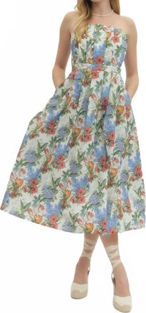 Entro Floral Strapless Pleated Midi Dress In Cream