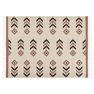 Beliani Alfombra Kilim De Algod&oacute;n Beige Negro 140 X 200 Cm Reversible Dormitorio Niavan