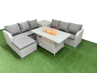 Fimous Outdoor Garden Furniture Sets 7 Seater Wicker Rattan Furniture Sofa Sets w/ Firepit Dining Table high Back Lounge Sofa Big Footstool Side