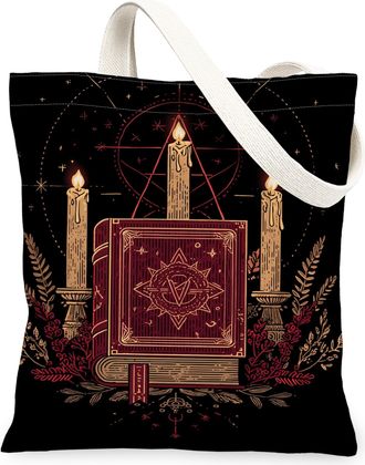 Generic Gothic Book and Candle Canvas Tote Bags, Vintage Occult Design Lightweight Washable Reusable Grocery Bags for Shopping Trav, Black, 13x15 Inch
