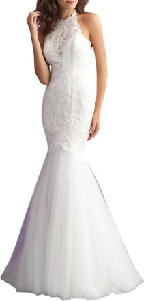 Allure Bridals Lace Halter Mermaid Gown With Low Back In Ivory/ivory