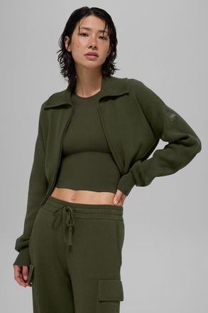 Alo | Scholar Knit Cropped Full Zip Jacket in Green Olive, Size: Medium
