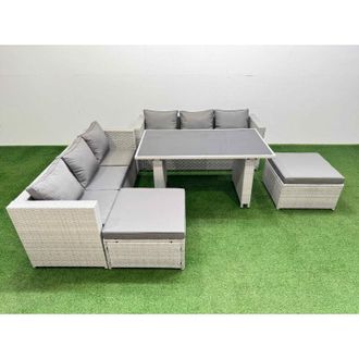 Fimous Rattan Garden Furniture Dining Set 8-seater Patio Rectangular Table Sofa Set with 2 Big Stools Light Grey - Fimous
