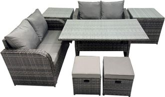 Fimous Wicker pe Rattan Garden Outdoor Furniture Set Love Sofa Dining Table Set with 2 Small Stools 2 Side Tables Dark Grey Mixed - Fimous