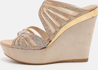Rene Caovilla Beige Crystal Embellished Fabric And Mesh Platform Wedge Slides