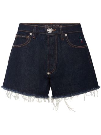 Philipp Plein logo-appliqu&eacute;d denim mini shorts - women - Cotton/Elastane/Polyester/Cotton - 26 - Blue