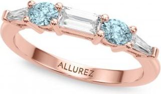 Allurez Baguette Lab Grown Diamond & Oval Aquamarine Wedding Ring Band 14K Rose Gold (0.67ct)