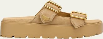 Prada Triangle Logo Suede Dual-Buckle Platform Sandals