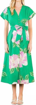 THML Clothing Floral V-Neck Belt Midi Dress In Green